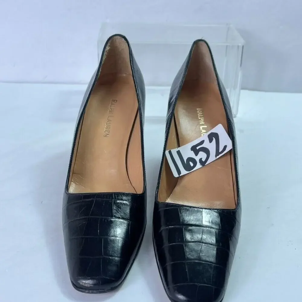 Ralph Lauren Pumps Womens 7AA Black Croc Print High Heel Square Toe Spain Made